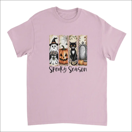 Soft pink short-sleeved Autumn Spooks Cotton Tee with spooky Halloween ghost, pumpkin, cat, tombstone graphic and Spooky Season text