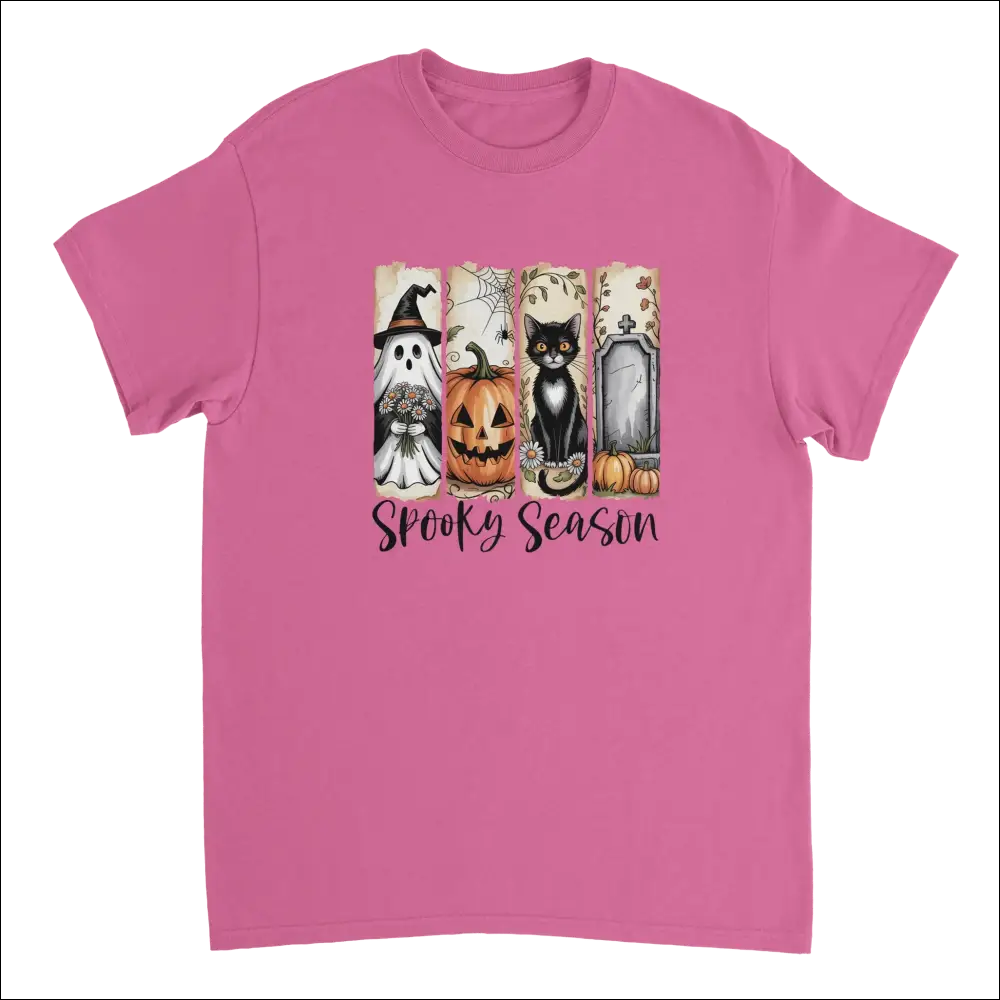Pink short-sleeved Autumn Spooks Cotton Tee with Halloween ghost, pumpkin, cat, tombstone graphic