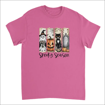Pink short-sleeved Autumn Spooks Cotton Tee with Halloween ghost, pumpkin, cat, tombstone graphic