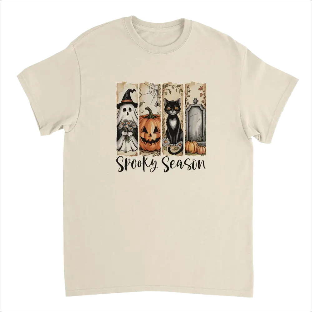 Cream-colored short-sleeved Autumn Spooks Cotton Tee with Halloween ghost, pumpkin, cat, tombstone graphic