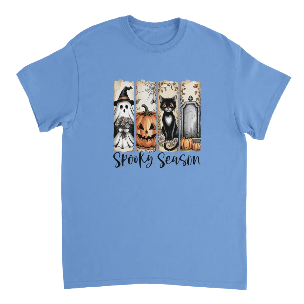 Light blue Autumn Spooks Cotton Tee with Halloween ghost, pumpkin, cat, tombstone graphic