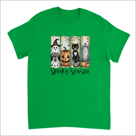 Green short-sleeved Autumn Spooks Cotton Tee with spooky season Halloween graphic