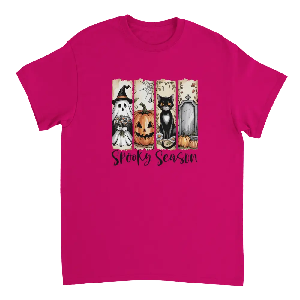 Vibrant fuchsia Autumn Spooks Cotton Tee with spooky season Halloween graphic