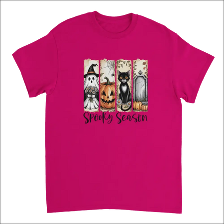 Vibrant fuchsia Autumn Spooks Cotton Tee with spooky season Halloween graphic