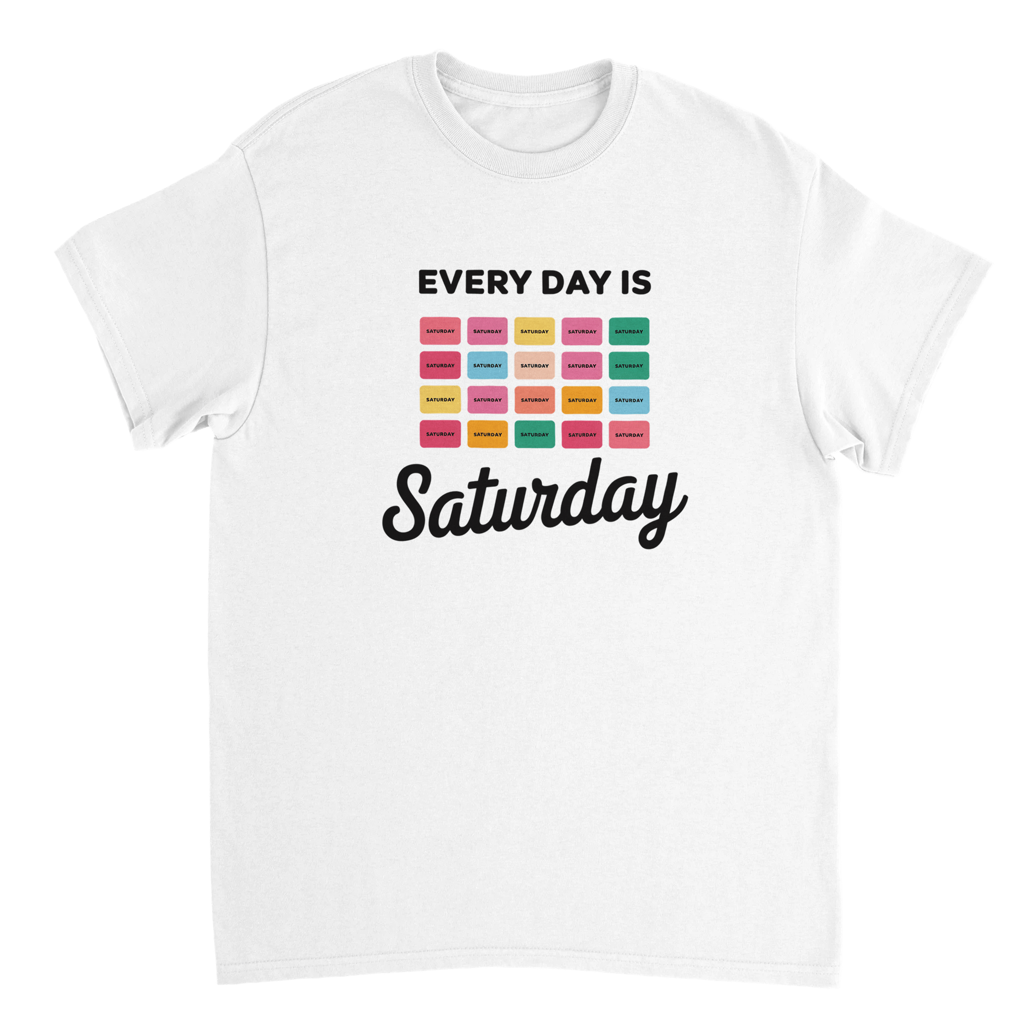 Every Day Is Saturday Fun Tee – Retro Pastel Blocks, Heavyweight Cotton, Classic Fit, Durable Casual Wear - KPAP Canada