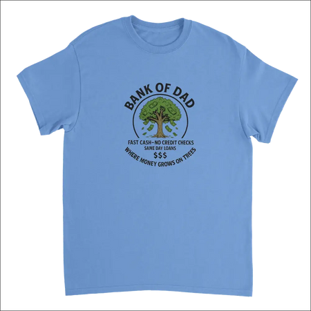 Light blue Bank of Dad t-shirt with humorous money tree graphic