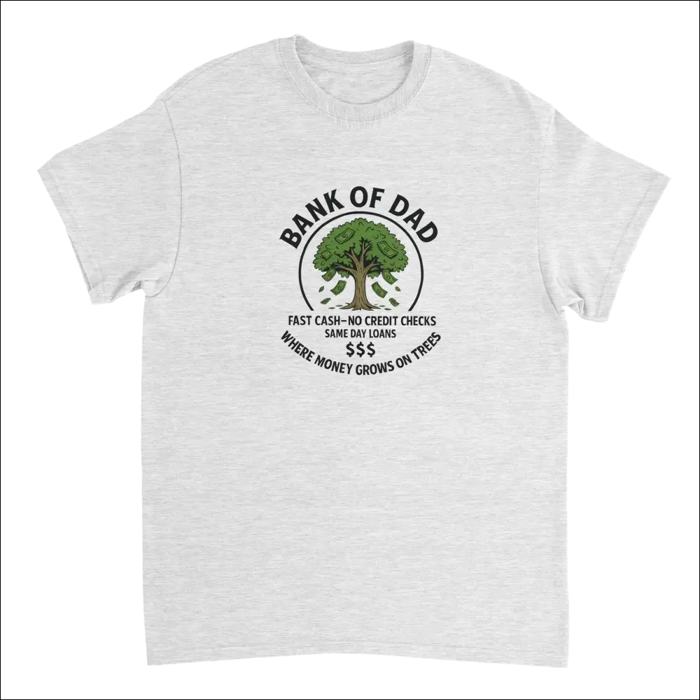 White cotton Bank of Dad T-shirt with money tree graphic