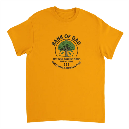 Vibrant yellow Bank of Dad T-shirt with black green money tree graphic