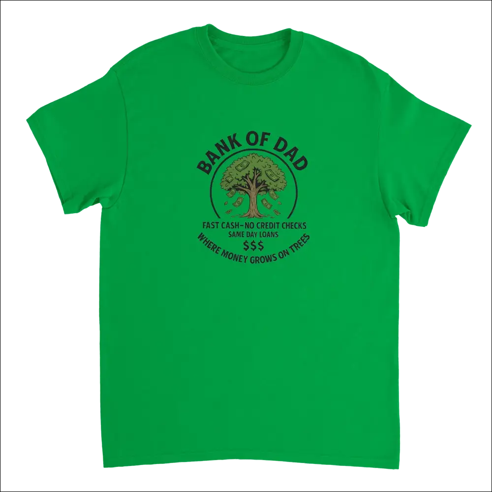 Vibrant green Bank of Dad t-shirt with humorous money tree graphic