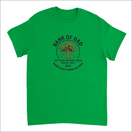 Vibrant green Bank of Dad t-shirt with humorous money tree graphic