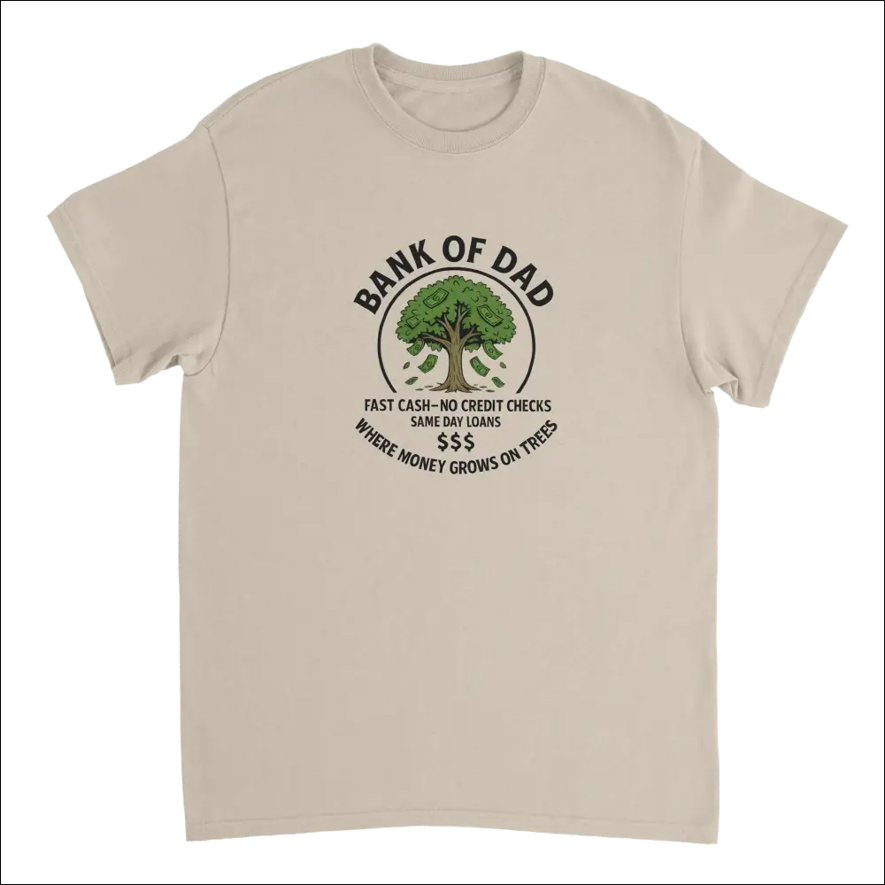 Beige short-sleeved Bank of Dad T-shirt with black and green money tree graphic