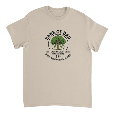 Beige short-sleeved Bank of Dad T-shirt with black and green money tree graphic