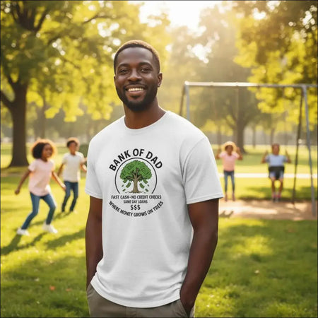 White Bank of Dad t-shirt with humorous green money tree graphic