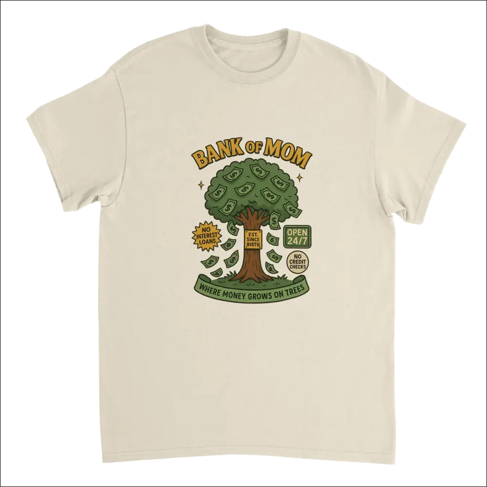 Cream-colored cotton Bank of Mom T-shirt with playful money tree graphic