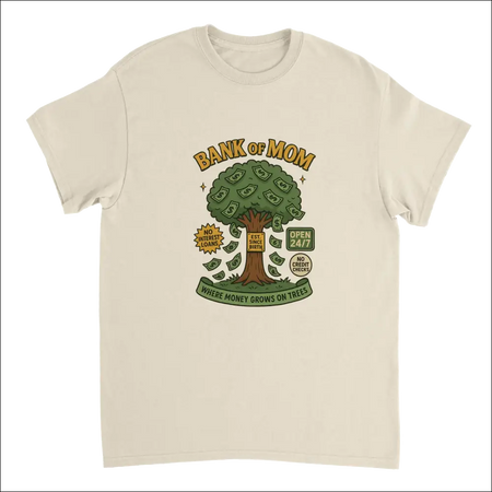 Cream-colored cotton Bank of Mom T-shirt with playful money tree graphic