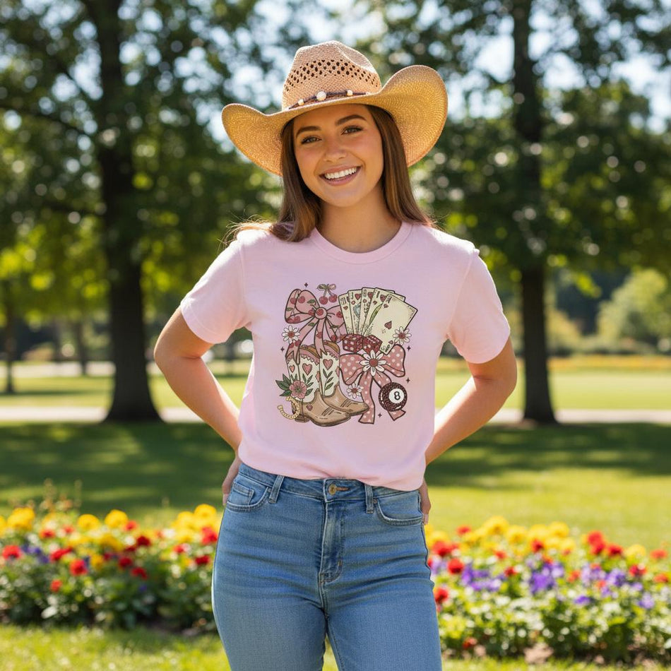 Country Charm T-Shirt – Western Boho, Lucky Dice & Boots Graphic Tee, Classic Fit, Premium Cotton - KPAP Canada