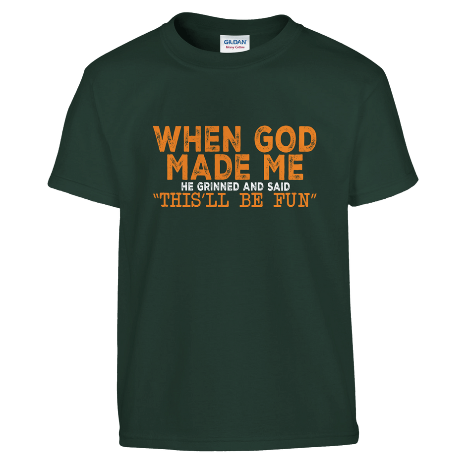 FunKids Funny T-Shirt – 'When God Made Me, He Grinned and Said This Will Be Fun!' Design - KPAP Canada