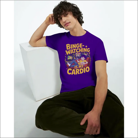 Purple binge-watching is my cardio t-shirt with cartoon graphic