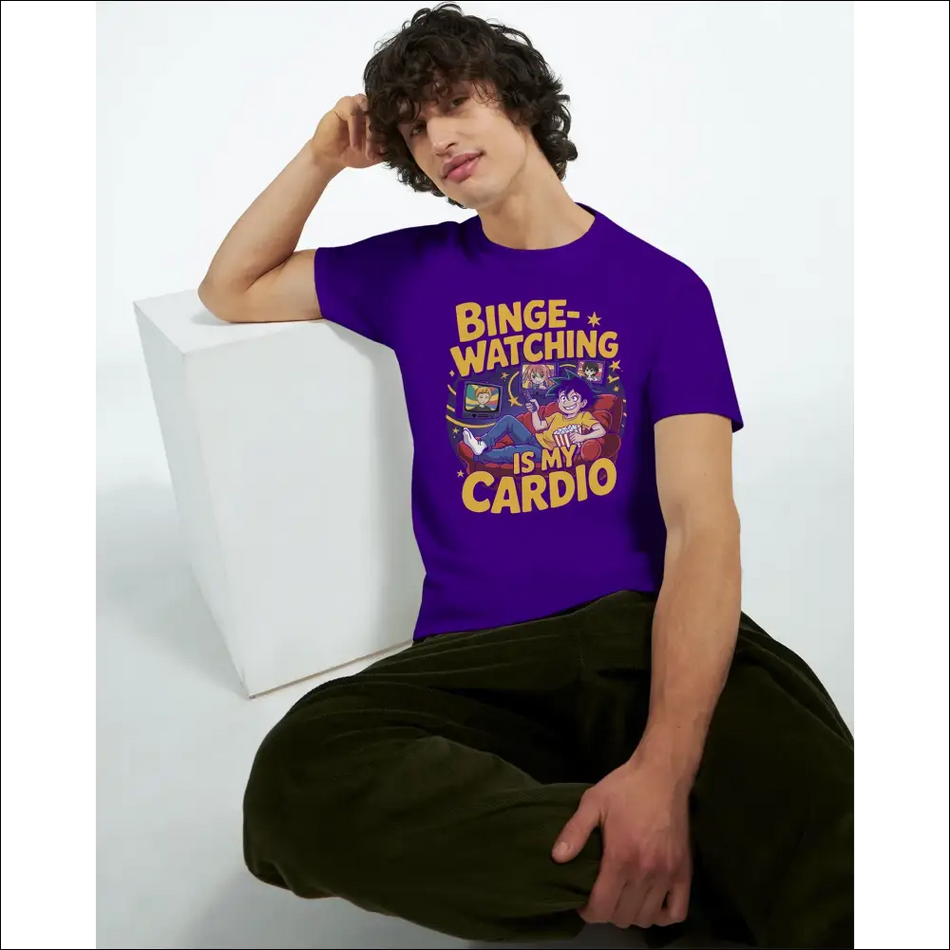 Purple binge-watching is my cardio t-shirt with cartoon graphic