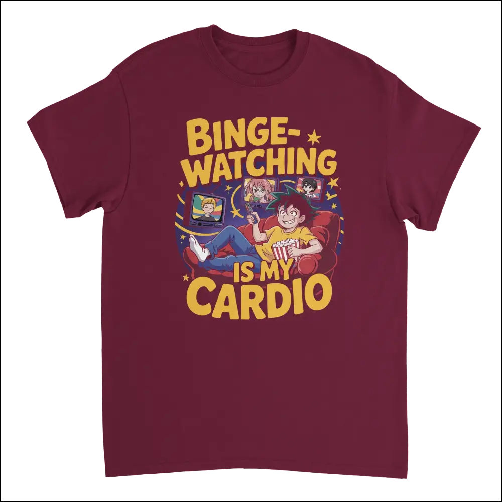 Maroon anime binge-watching t-shirt with popcorn graphic