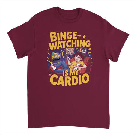 Maroon anime binge-watching t-shirt with popcorn graphic