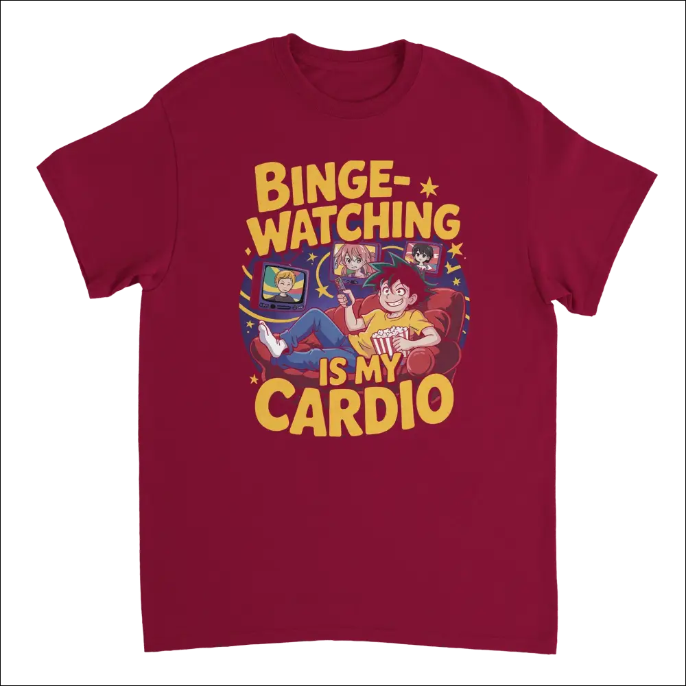 Maroon short-sleeved binge-watching is my cardio t-shirt with yellow cartoon graphic