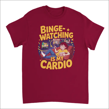 Maroon short-sleeved binge-watching is my cardio t-shirt with yellow cartoon graphic