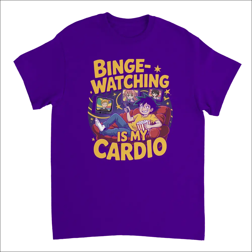 Purple anime binge-watching graphic tee with ’Binge-Watching is My Cardio’ text
