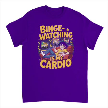 Purple anime binge-watching graphic tee with ’Binge-Watching is My Cardio’ text