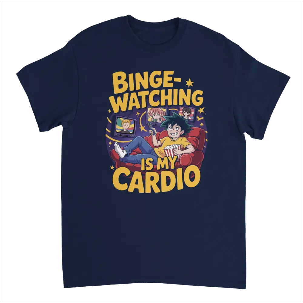 Navy blue anime binge-watching t-shirt with lounge graphic and bold text