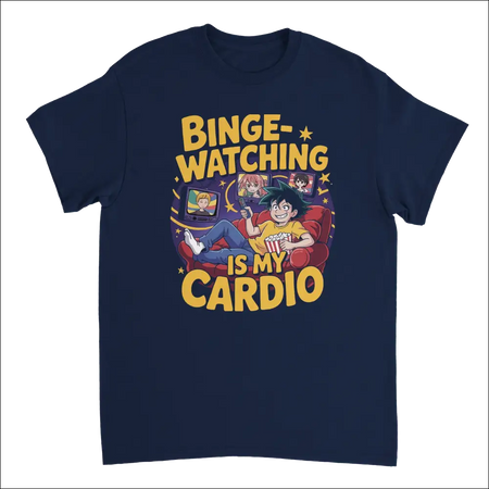 Navy blue anime binge-watching t-shirt with lounge graphic and bold text
