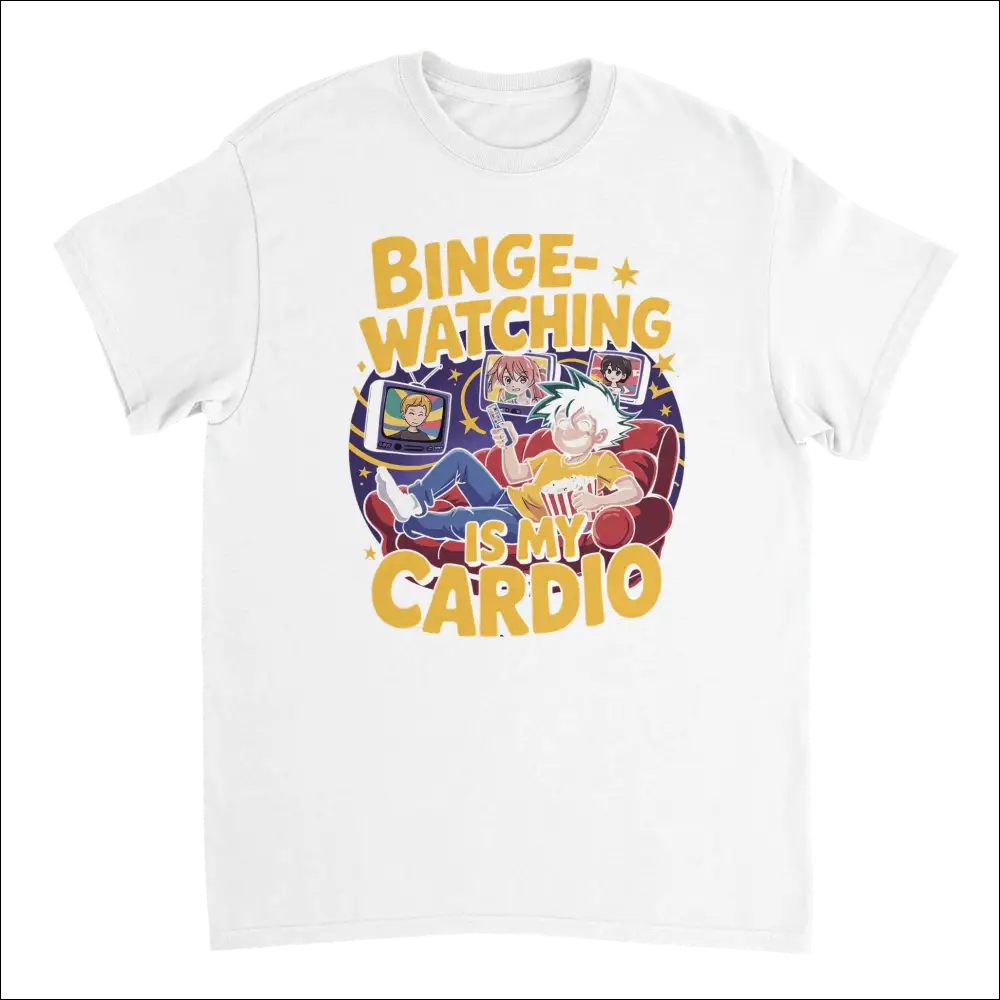 White cotton anime t-shirt with binge-watching graphic and bold text