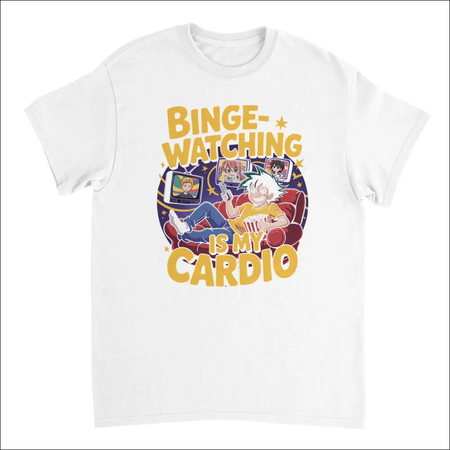 White cotton anime t-shirt with binge-watching graphic and bold text
