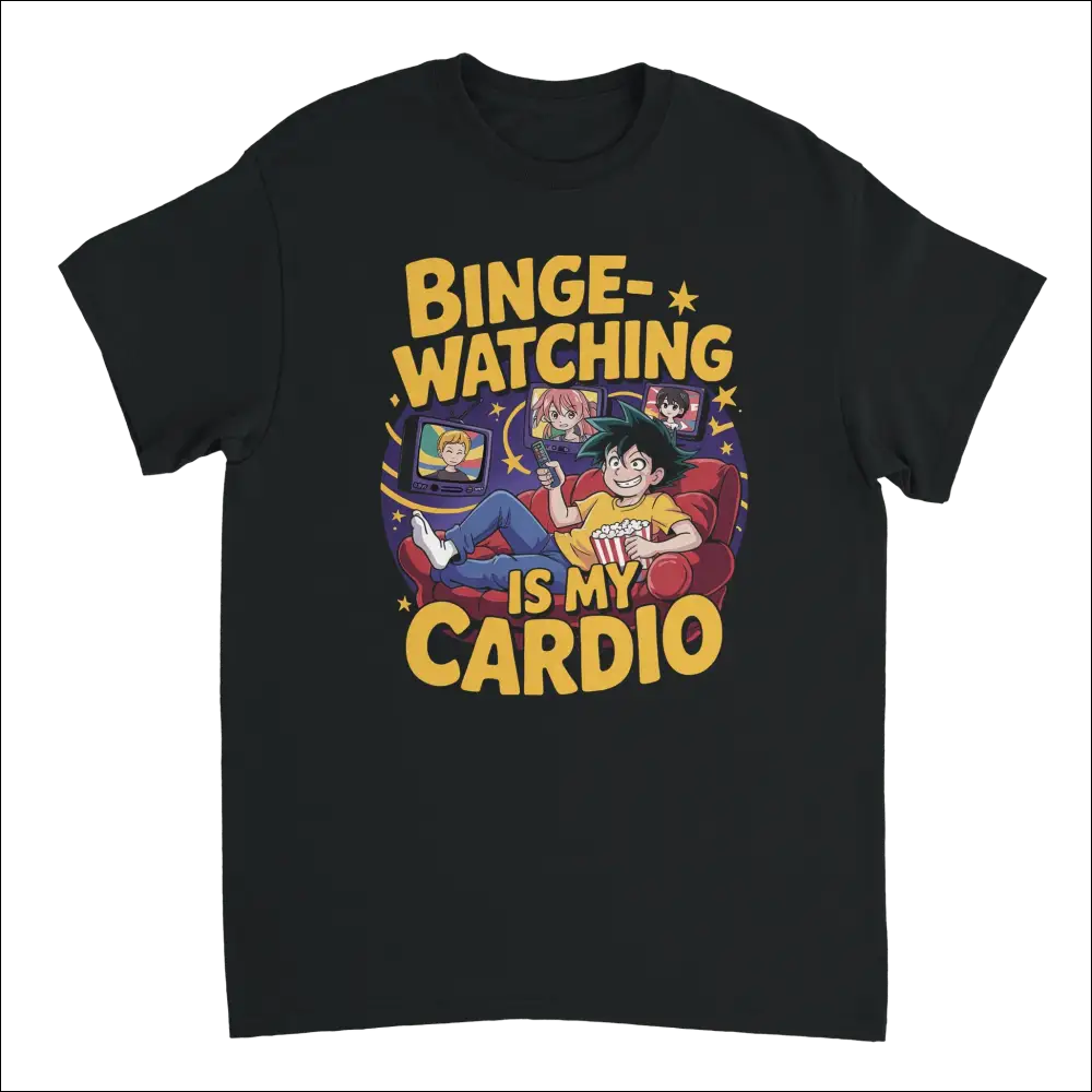 Black anime binge-watching t-shirt with yellow purple graphic and cardio text