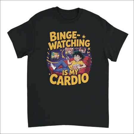 Black anime binge-watching t-shirt with yellow purple graphic and cardio text