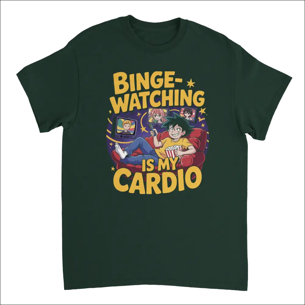 Dark green anime binge-watching t-shirt with chill graphic