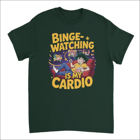 Dark green anime binge-watching t-shirt with chill graphic