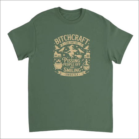 Olive green witchy t-shirt with bitchcraft text graphic