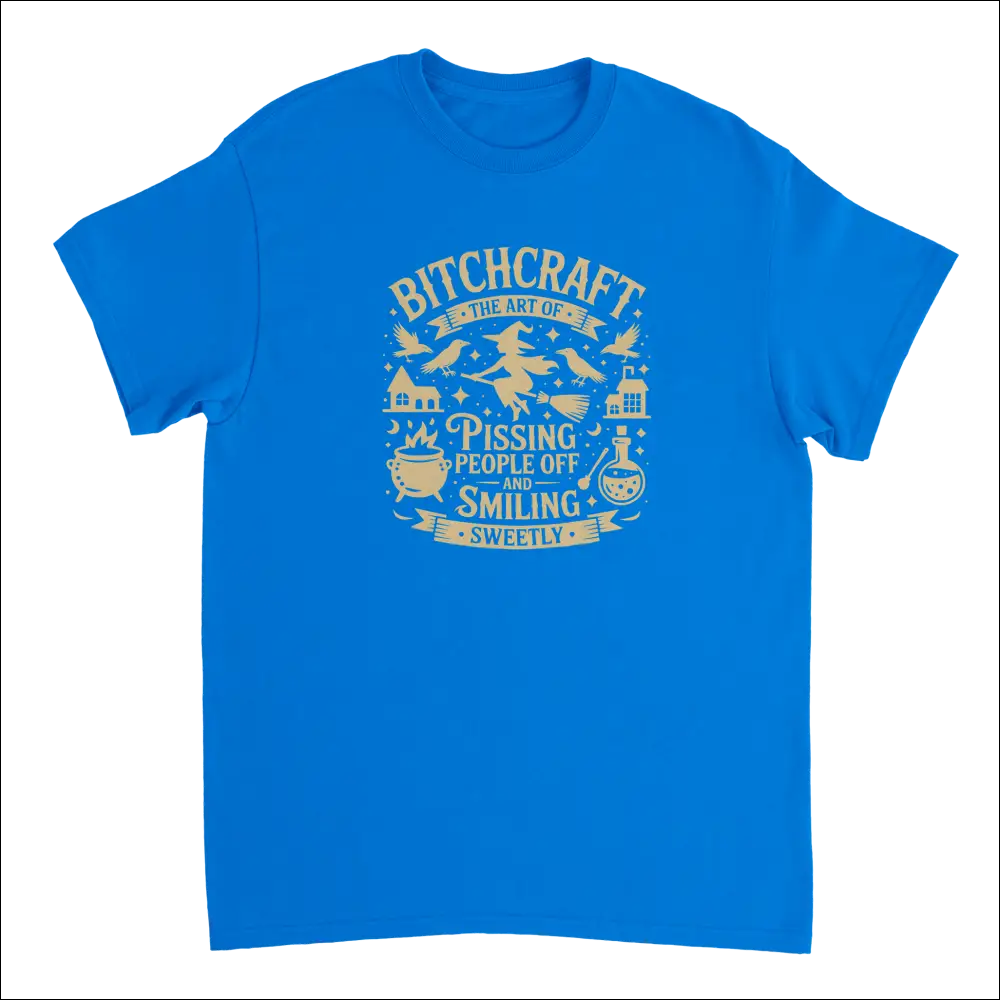 Bright blue short-sleeved Bitchcraft witchy tee with gold foil print