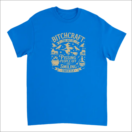 Bright blue short-sleeved Bitchcraft witchy tee with gold foil print