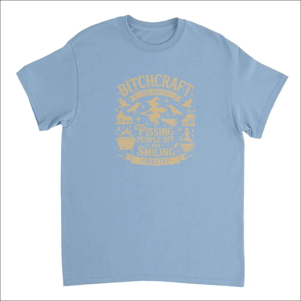 Light blue cotton t-shirt with gold foil bitchcraft witchcraft print