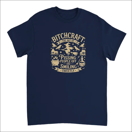 Navy blue short-sleeve Bitchcraft witchy tee with sassy graphic