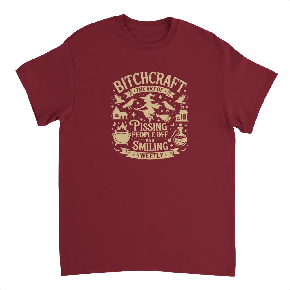 Maroon short-sleeve witchy tee with Bitchcraft graphic design