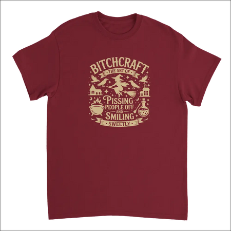 Maroon short-sleeve witchy tee with Bitchcraft graphic design