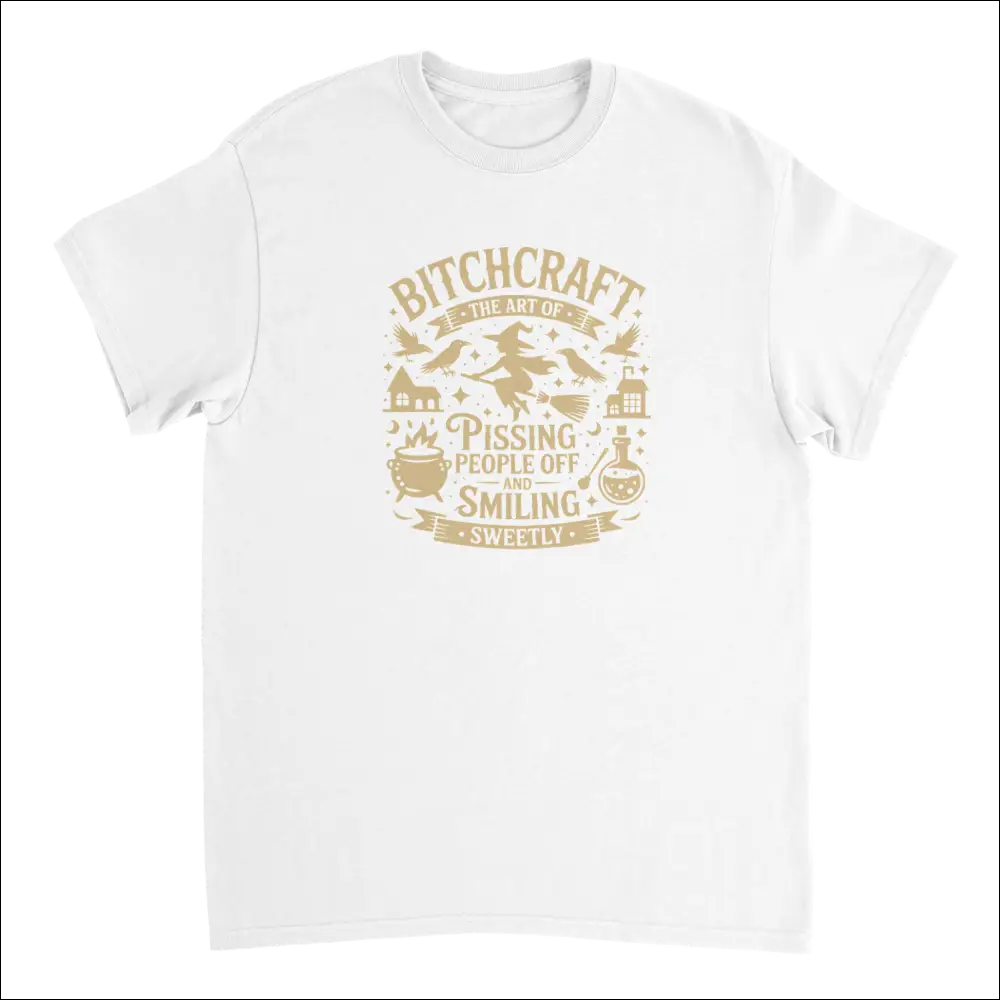 White cotton t-shirt with gold foil bitchcraft witchy print