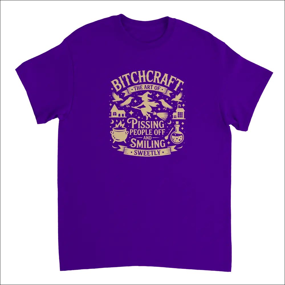 Purple short-sleeved Bitchcraft witchy tee with sassy graphic