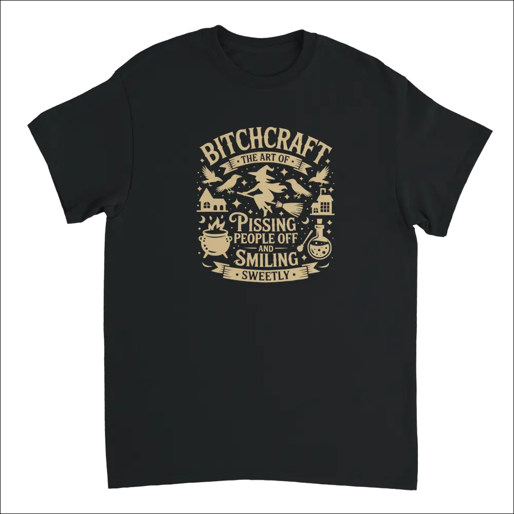 Black cotton tee with witchy bitchcraft graphic: pissing people off sweetly