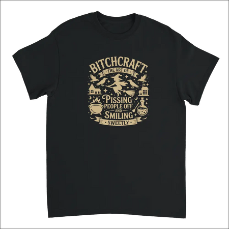 Black cotton tee with witchy bitchcraft graphic: pissing people off sweetly