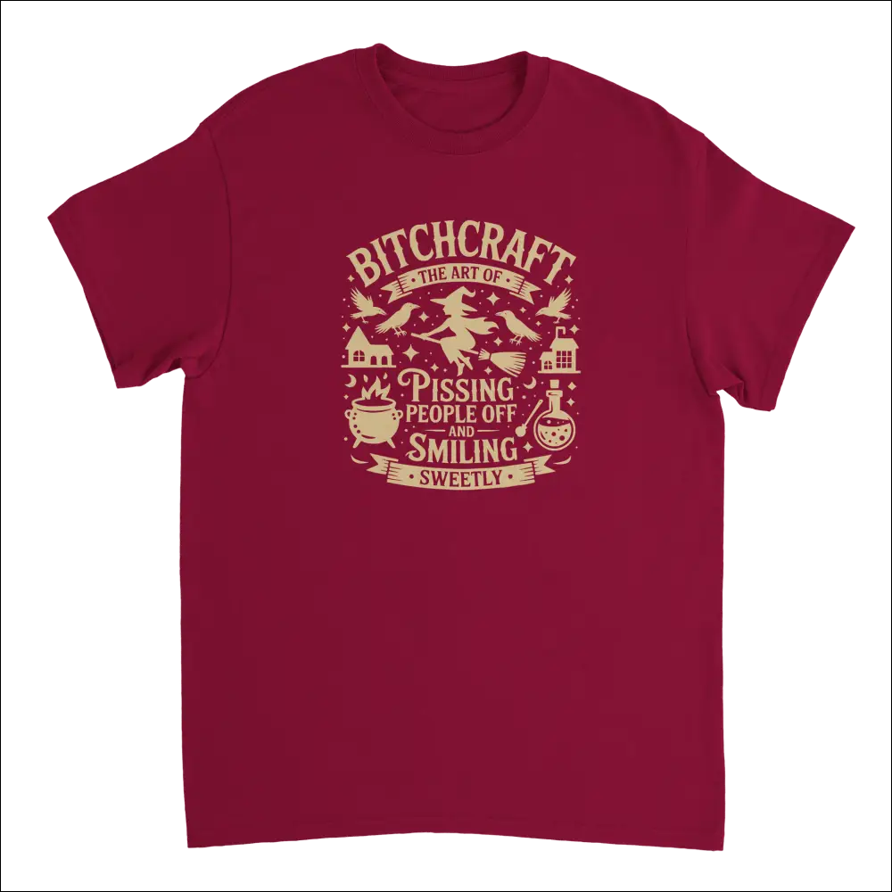 Maroon short-sleeved Bitchcraft witchy tee with sassy graphic