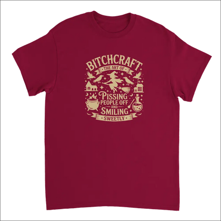 Maroon short-sleeved Bitchcraft witchy tee with sassy graphic